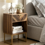 Large walnut bedside table with oak drawer, boho style