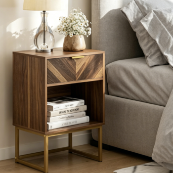 Large walnut bedside table with oak drawer, boho style