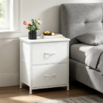 Small white leather nightstand with 2 fabric drawers