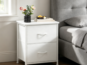Small white leather nightstand with 2 fabric drawers