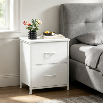 Small white leather nightstand with 2 fabric drawers