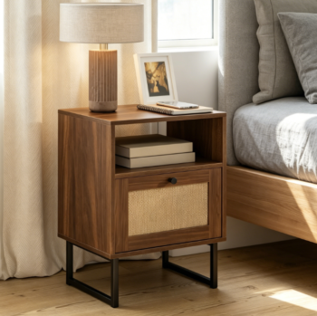 Rattan bedside table with drawer, open shelf and gold frame