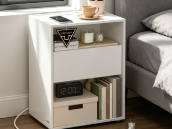 Bedside table with built-in charging, tool-free assembly, matte white