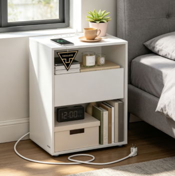 Bedside table with built-in charging, tool-free assembly, matte white