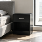 Classic black bedside table with drawer and open compartment