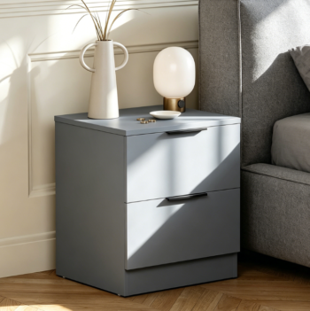 Compact bedside table with 2 sliding drawers, modern black handles