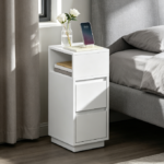 Narrow cloud white bedside table with 2 drawers and open shelf