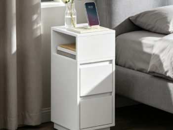 Narrow cloud white bedside table with 2 drawers and open shelf