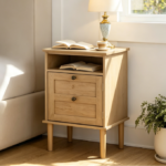 Wooden bedside table with door and open compartment, light oak