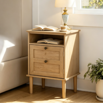 Wooden bedside table with door and open compartment, light oak